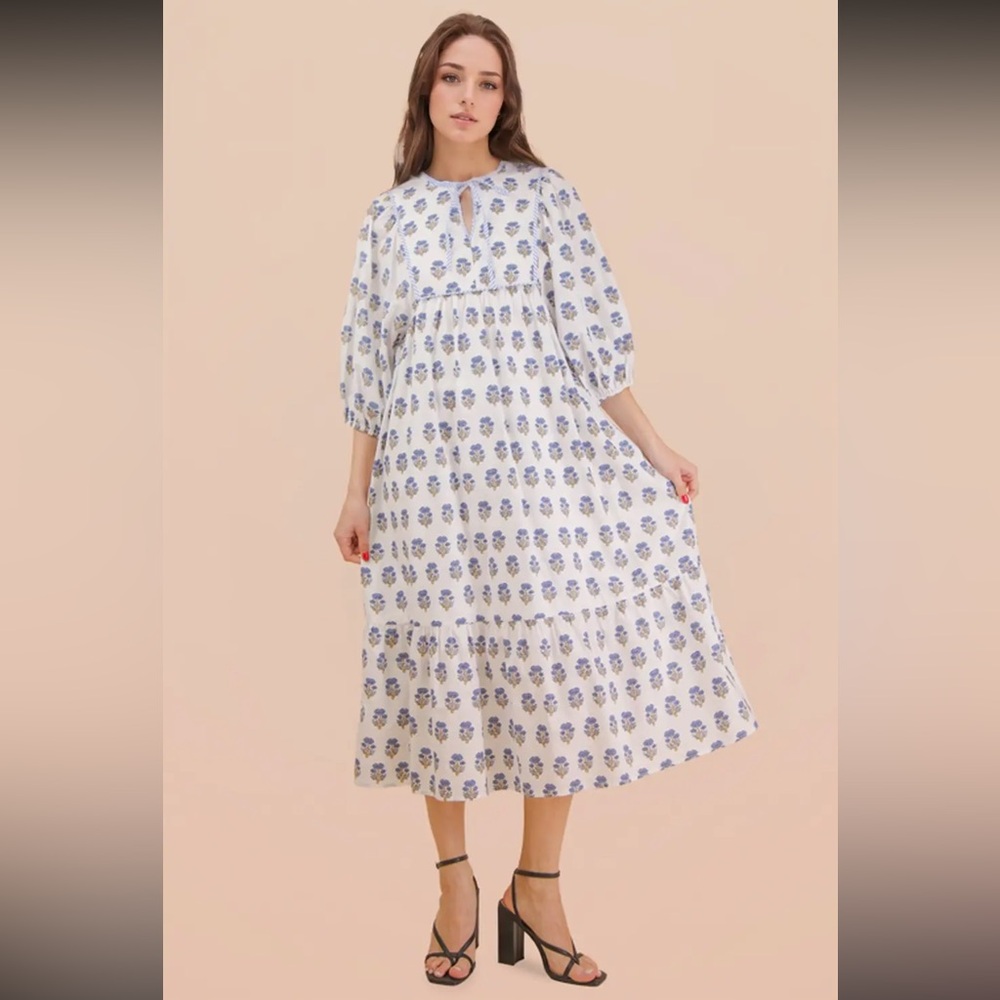 Very J Blue and White Spring Floral Midi Dress